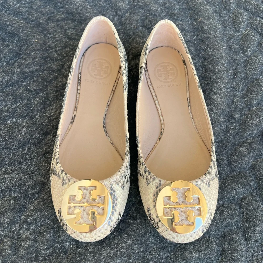 Tory Burch Snake-Print Flats with Gold Logo Medallions